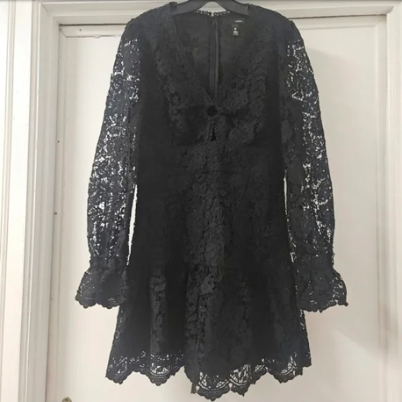 AQUA BLACK LACE LONG PUFF SLEEVE MINI DRESS MEDIUM - Picture 4 of 14